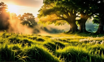 Poster - Golden light bathes a tranquil landscape of lush grass and large trees.  A serene and peaceful scene in nature with a warm and inviting atmosphere.