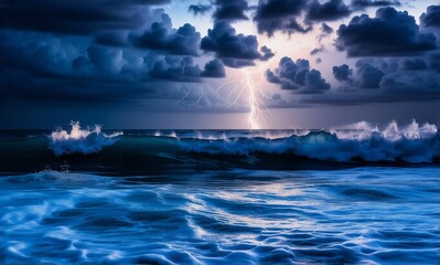 Poster - Stormy ocean with powerful waves crashing under lightning. Dark clouds fill the sky of this turbulent seascape.