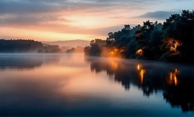 Poster - A tranquil lake reflects the warm hues of sunset as fog gently rolls over the water's surface. Trees silhouette against the colorful sky, creating a serene and peaceful landscape.