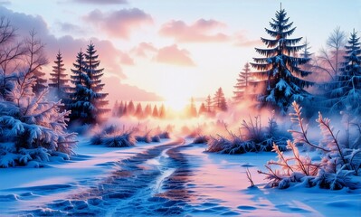 Poster - Serene winter scene with snow-covered ground and trees. Warm sunlight glows on the snowy landscape and sky, creating a peaceful and tranquil atmosphere.
