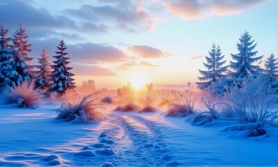 Poster - A snowy winter landscape with a path leading towards a bright sunset or sunrise. Evergreen trees and frosted bushes stand under a colorful sky. The scene is serene, peaceful and cold.