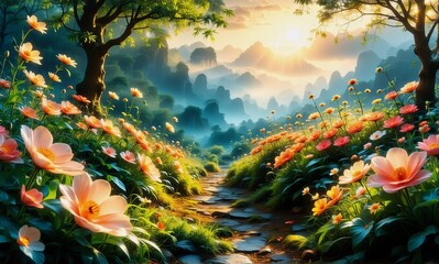Poster - A peaceful scenery of a winding path amidst vibrant flowers leading to misty mountains bathed in the warm glow of the rising sun.