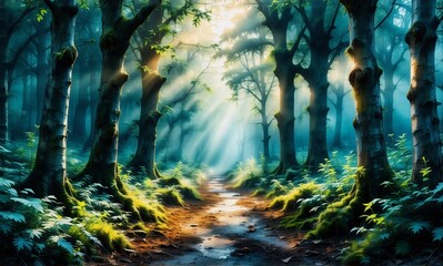 Poster - A serene forest path bathed in soft sunlight filtering through tall trees.  A mystical and tranquil scene with vibrant green foliage and a sense of peacefulness.