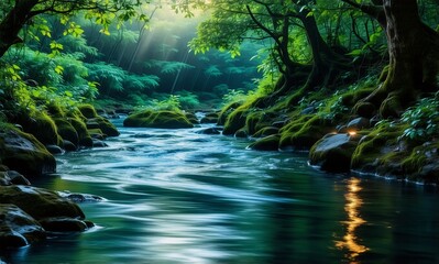 Poster - A peaceful river flows through a vibrant green forest. Sunlight streams through the canopy, creating a serene and natural landscape.