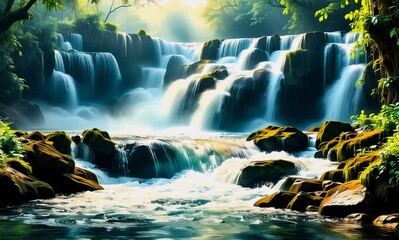 Poster - A vibrant waterfall cascades down mossy rocks in a lush green forest, sunlight filtering through the dense canopy, creating a serene and natural scene.