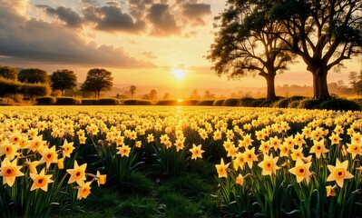 Poster - A golden sunset illuminates a vibrant field of daffodils in full bloom. Trees silhouette against the bright sky, creating a peaceful, scenic landscape.