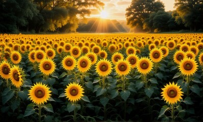 Poster - Golden hour illuminates a vast sunflower field. Yellow petals and green leaves are vibrant in the warm sunlight. Trees line the horizon under a bright sky.