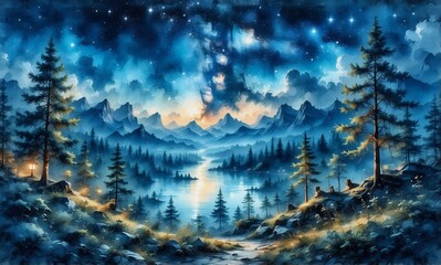 Poster - A tranquil nighttime vista of a river meandering through forested mountains beneath a starlit sky. Soft blue and orange tones create a peaceful, painterly atmosphere.
