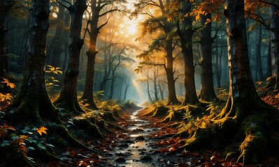 Leinwandbilder - Sunlit forest path with trees lining both sides, leaves scattered on the ground, creating a warm autumn scene with a stream flowing through.