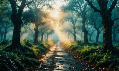 Poster - Sunlight shines through trees onto a path in a misty forest, creating a serene and peaceful scene.