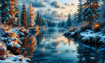 Poster - A serene winter landscape showcases a snow-covered forest beside a calm river reflecting the sky and trees. Soft sunlight illuminates the frosty scene creating a tranquil and beautiful view.