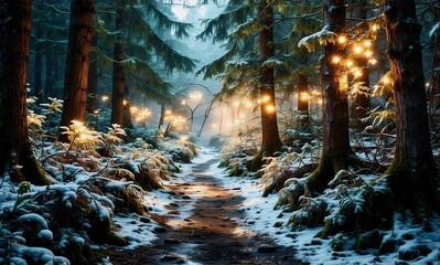 Aufkleber - A snowy path meanders through a dim winter forest, where soft, glowing lights dangle from the trees, creating a magical and serene woodland scene.