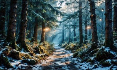 Poster - Snowy path winds through a serene forest, illuminated by soft lights hanging among the trees. Winter's touch creates a tranquil and magical woodland scene.
