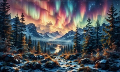 Aufkleber - A vibrant aurora borealis illuminates a snowy mountain landscape dotted with evergreen trees. A serene river flows through the valley under the colorful night sky.