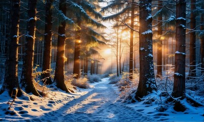 Aufkleber - Snowy forest path with sunlight filtering through tall trees, creating shadows and a winter wonderland atmosphere. Winter scene, peaceful and serene.