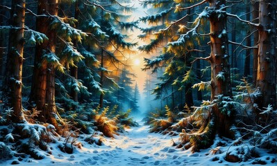 Poster - A snowy path winds through a serene winter forest. Sunlight filters through tall trees, illuminating the snow-covered ground. The scene evokes a peaceful and cold atmosphere.