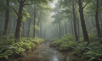 Poster - Misty forest with a gentle stream flowing through tall trees. Lush green ferns carpet the forest floor creating a tranquil and natural scene.