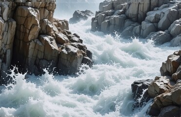 Poster - Rough ocean waves powerfully crash against a rugged rocky coastline. White water foams and splashes around dark stones on a bright day.