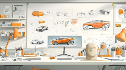 Fototapete - A stylized of an automotive designer s workspace featuring futuristic car sketches 3D digital model renderings and a clay prototype