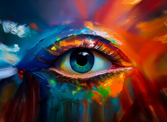 Fototapete - Vivid artwork of an eye rendered in an abstract style with a burst of colors. Bold brushstrokes and dynamic composition create a striking and imaginative visual.