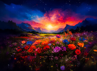 Poster - A vibrant field of colorful flowers stretches towards distant mountains under a dramatic, painterly sunset sky. Nature's beauty in full bloom.