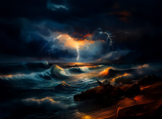 Poster - Dramatic storm over ocean. Lightning illuminates crashing waves and dark, ominous clouds. A powerful display of nature's energy and intensity at sea.