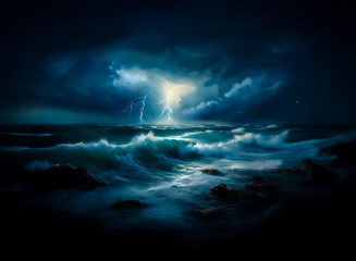 Poster - A dramatic night seascape featuring a powerful lightning storm illuminating dark, turbulent ocean waves crashing against rocky shores under a cloudy sky.