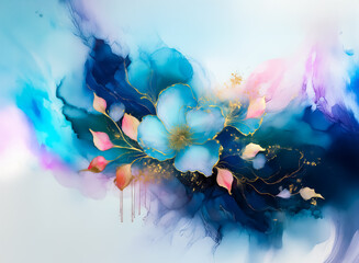 Fototapete - Floral watercolor art features vibrant hues. Soft blues, pinks, and gold accents. A delicate flower arrangement with flowing brushstrokes and ethereal details, hinting at nature's grace.