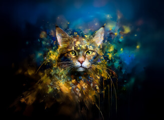 Aufkleber - A captivating feline portrait emerges from an abstract, colorful explosion of paint. Hints of fur blend seamlessly with the vibrant background, creating an artistic and enigmatic display. A regal crea