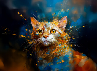 Aufkleber - A whimsical artwork, this painting presents a gazing cat with vibrant splashes of color. Hints of orange and blue mingle, evoking emotions and creating a fantastical composition. This cat feels curiou