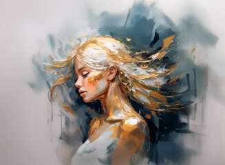 Aufkleber - **Description:** A portrait of a woman with golden blonde hair. Hints of gold and blue brushstrokes dance around her, giving the image an ethereal, abstract look. The lady is depicted in a serene mome