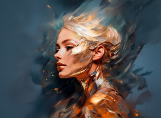 Aufkleber - Elegant portrait of a woman with ethereal, flowing, gold-hued hair and skin, set against a shadowy, blue background. Hints of grace and power are visible.