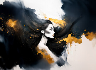 Poster - The artwork depicts a beautiful woman with flowing hair merging with ink and golden hues, creating an abstract, ethereal composition. The elegant pose and expressive colors hint at dreams and emotions