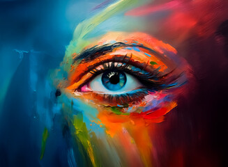 Poster - Colorful painting depicts a captivating human eye with bold, expressive brushstrokes and a vivid palette of blue, orange, red, and yellow hues.