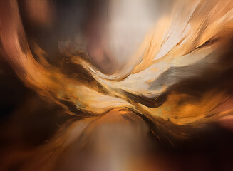 Aufkleber - Here's a description and keyword list:

An abstract, atmospheric painting showcases flowing, golden hues against a darker backdrop. The forms appear to ripple and swirl, creating a sense of movement a