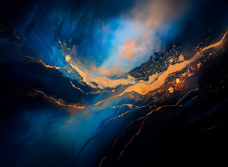 Poster - Abstract artwork featuring swirling blues and shimmering gold accents, creating a celestial or cosmic feel with fluid, dynamic motion and elegant, contrasting hues.