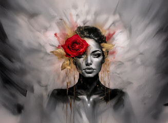 Poster - An artistic representation of a woman, her face metallic with a vibrant rose adorns her head, accented by golden leaves. A splash of red adds color amidst gray and white.