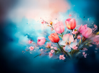 Fototapete - A vibrant bouquet of watercolor-style flowers blossoms against a moody blue and peach backdrop, offering a soft and romantic aesthetic.