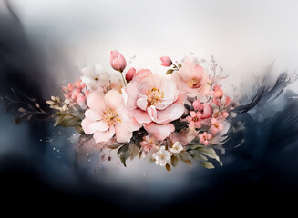 Poster - Soft pink and white floral bouquet with green leaves, painted in a watercolor style.  Delicate flowers and soft petals create an elegant and artistic arrangement.