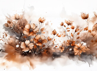 Poster - Soft watercolor floral painting in warm brown and orange hues. Delicate petals and stems blend with washes, creating a dreamy botanical arrangement.