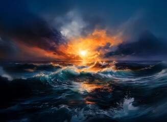 Poster - A vivid sunset illuminates turbulent ocean waves under a dramatic, dark cloudy sky.  The scene evokes a sense of power and awe in nature's raw beauty and energy.