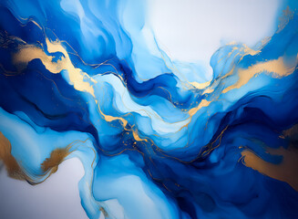 Aufkleber - An abstract composition featuring swirling blues and shimmering gold. Fluid forms, dynamic movement, and ethereal beauty evoke a sense of depth. The art shows a harmonious blend of colors.