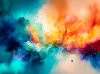 Poster - Abstract, vibrant watercolor painting showcasing a burst of colorful clouds. Hints of teal, orange, and blue blend with soft edges creating a dreamy effect.