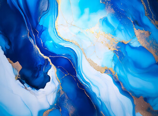 Aufkleber - Abstract painting featuring swirling shades of blue and white with shimmering gold accents. Evokes a sense of fluid motion and elegant marble textures.