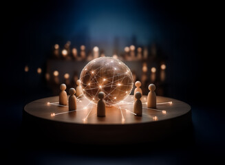 Aufkleber - Wooden figures encircle a radiant sphere on a platform, connected by light trails. A dark backdrop with bokeh lights suggests a global network and digital connection.
