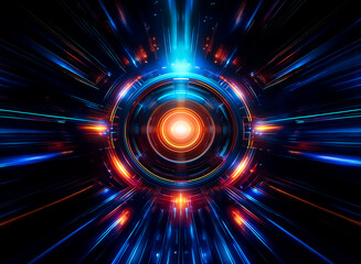 Aufkleber - An abstract, colorful, symmetrical design of light trails emitting from a bright, central point, with hints of futuristic or scientific imagery. The composition creates a sense of energy and motion.