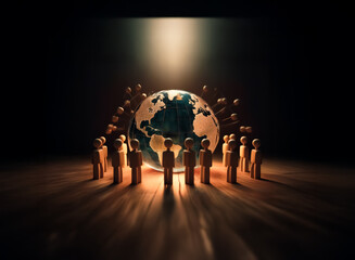 Poster - A group of stylized wooden figures encircles a world globe bathed in a spotlight against a dark backdrop, creating a dramatic and symbolic representation.