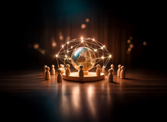 Aufkleber - Wooden figures encircle a glowing globe with a light network on a platform, symbolizing global connection, community and modern technology.