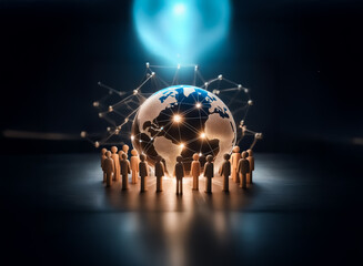 Aufkleber - World globe surrounded by people figures, bathed in bright light.  Connections link the globe and figures, representing a global network and community.