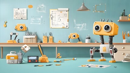 Fototapete - A whimsical retro inspired workspace filled with half assembled robots toolkits and technical schematics reflecting the creativity and innovation of a robotics engineer
